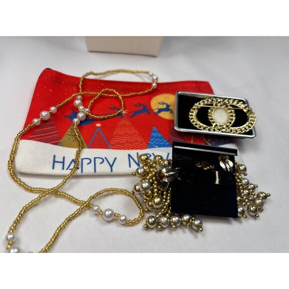 Gold & Pearl Jewelry Set - Necklace Earrings & Brooch In Festive Pouch - Picture 2 of 3